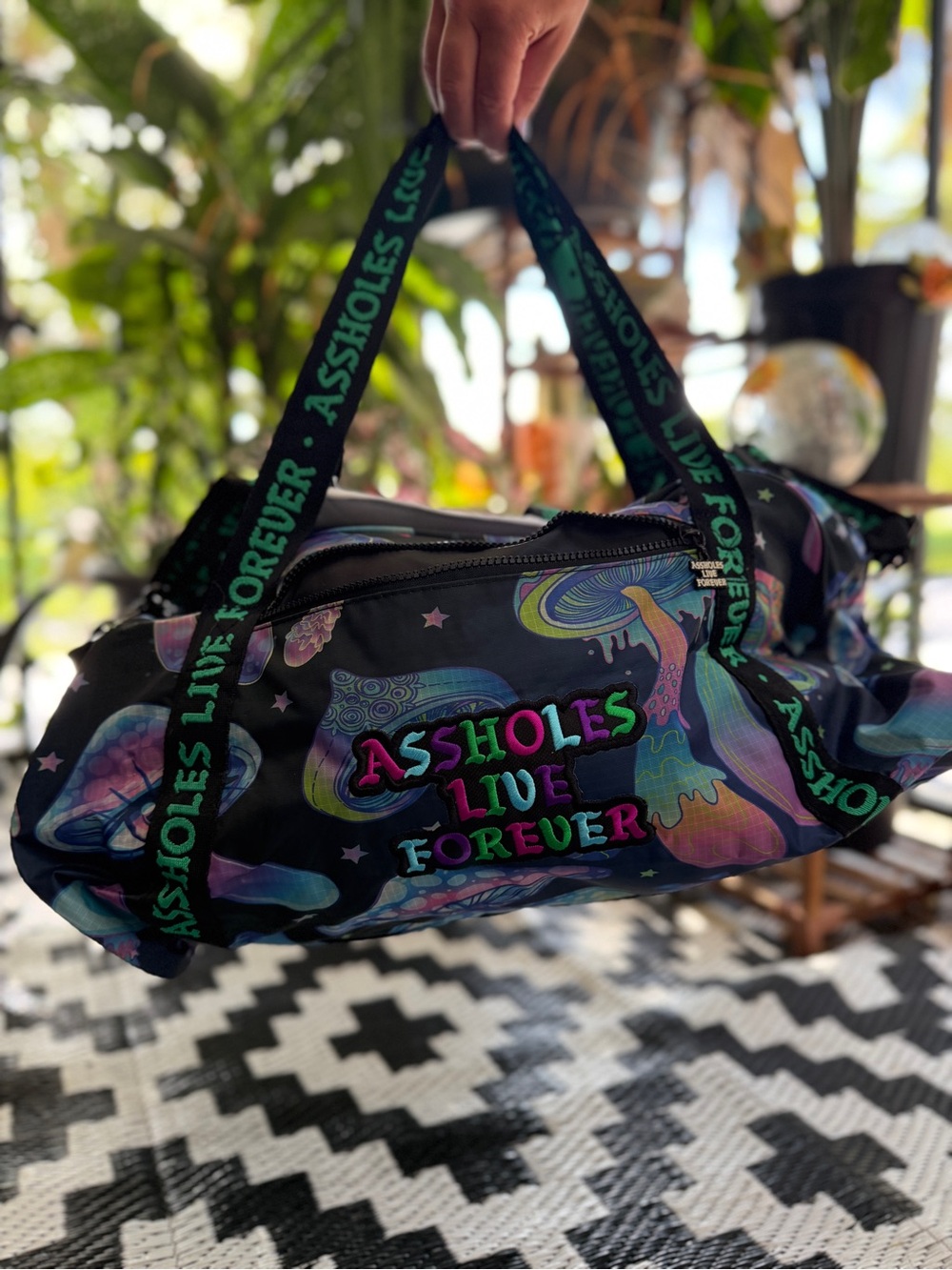Embroidered Black Multicolor Graphic Travel Duffel Bag with Neon Slogan